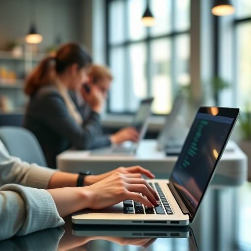 Image de mains tapant du code sur un clavier d'ordinateur dans un environnement de travail collaboratif.