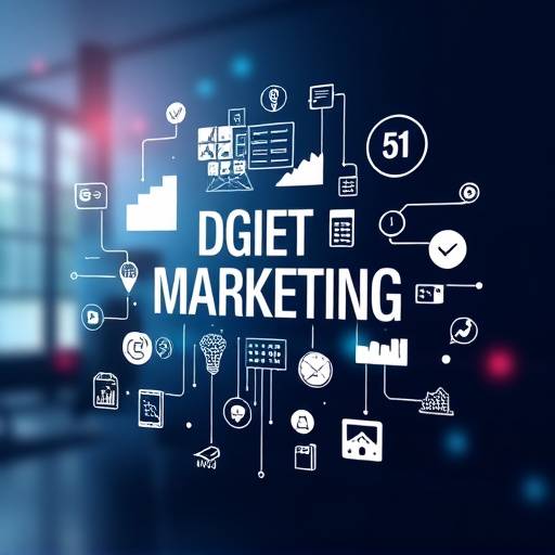 Image illustrant le marketing digital, avec des graphiques et des icônes représentant les réseaux sociaux et les données analytiques.